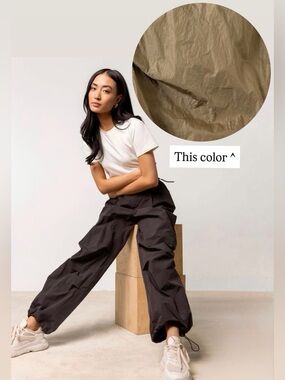 EUC Bohme Shiny Tan Parachute Pants with Adjustable Hems and Elastic Waist